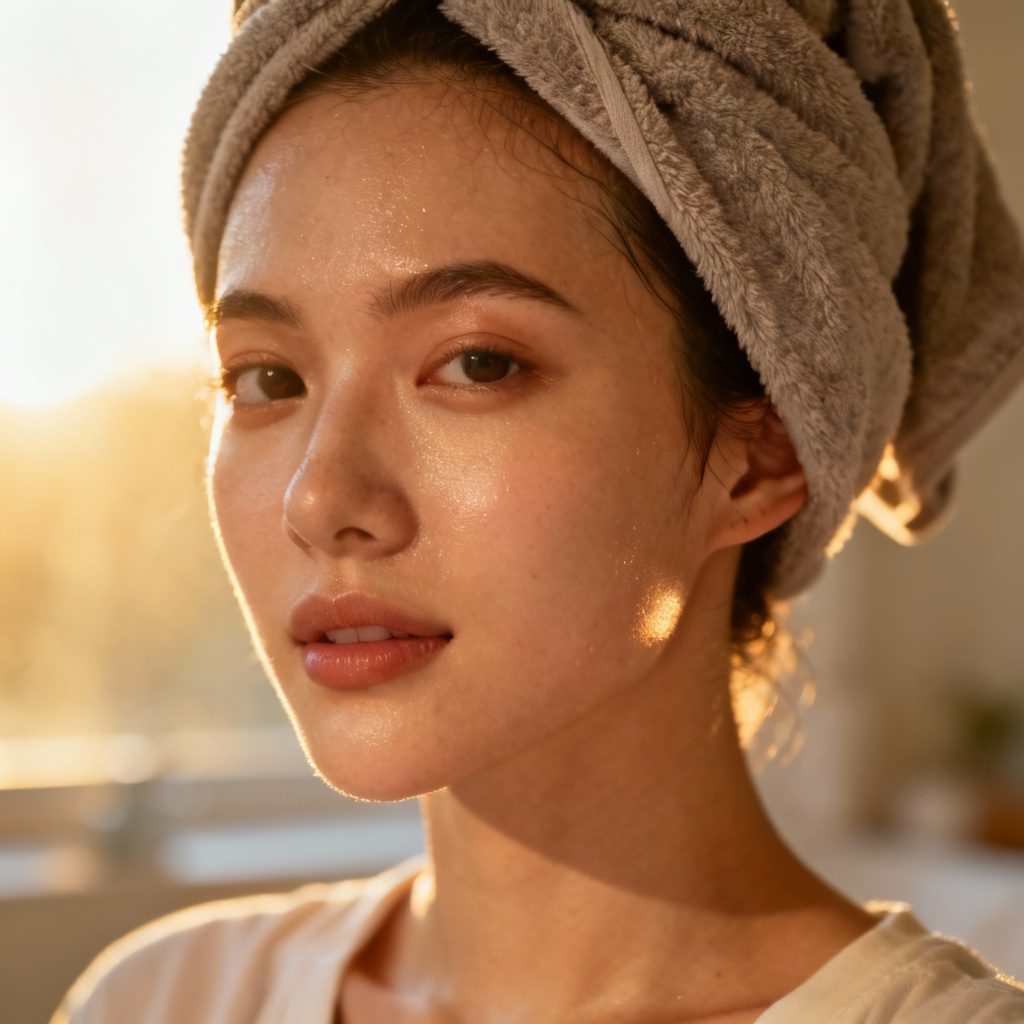 AI natural no-makeup morning selfie with dewy skin