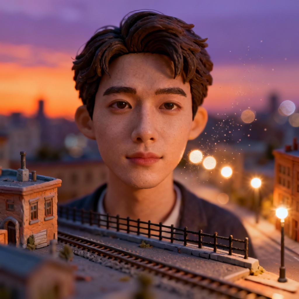 AI diorama selfie on a miniature city rooftop