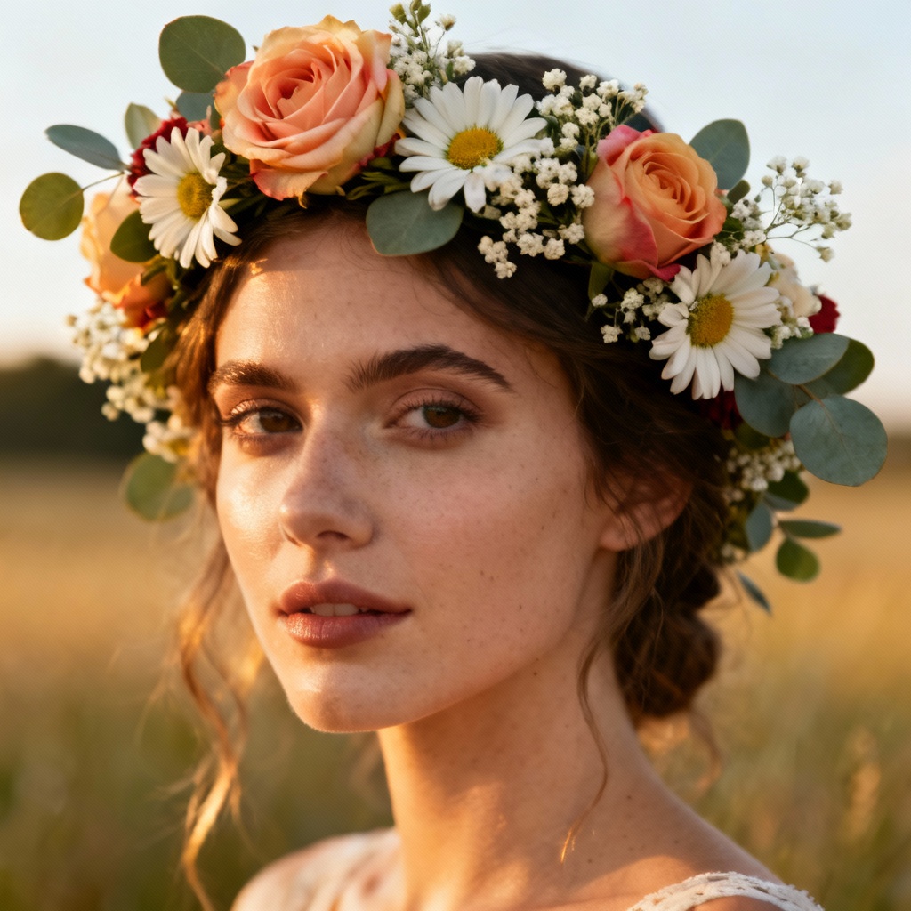 Woman wearing a boho flower crown with roses and eucalyptus