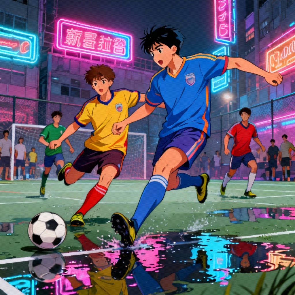 AI anime street futsal scene with neon vibe