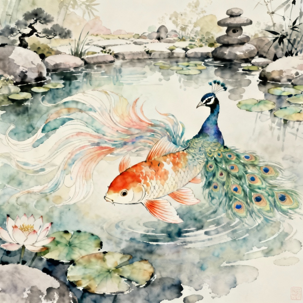 Watercolor koi and peacock hybrid in garden pond