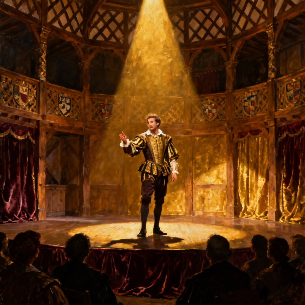 AI image of Shakespearean stage and actor delivering a soliloquy