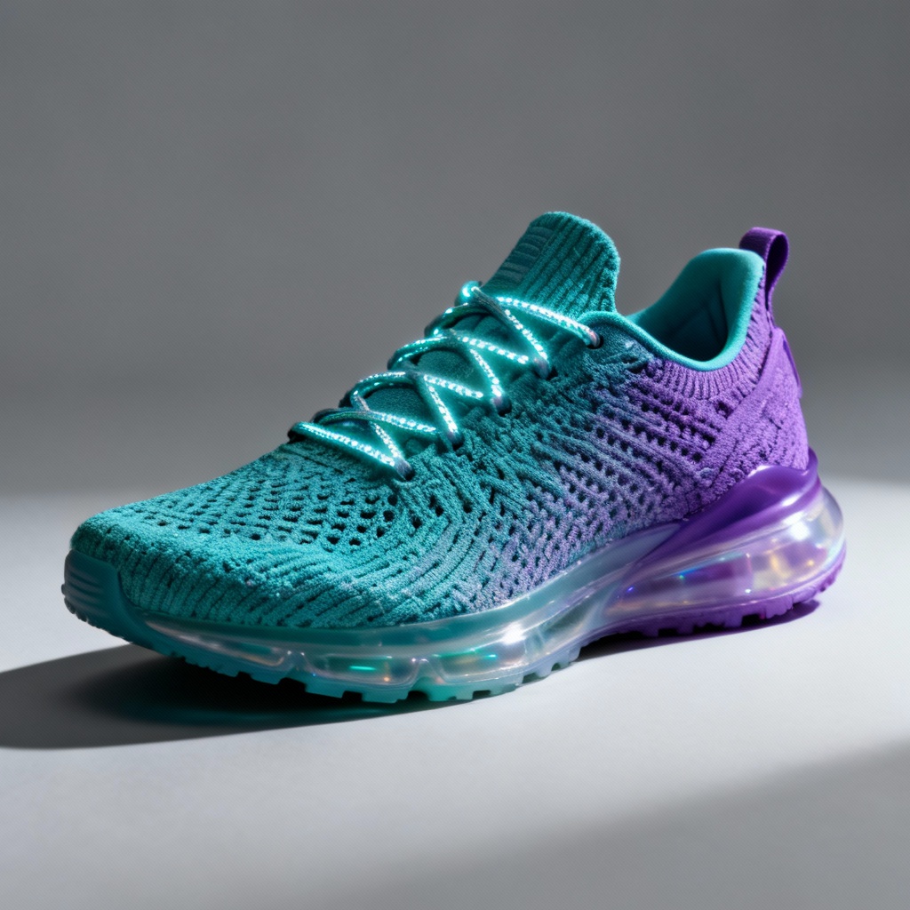 AI generated futuristic knit running shoe product shot