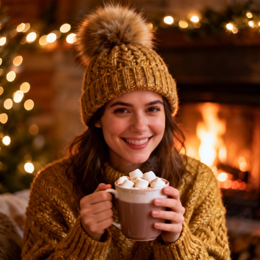 AI cozy knit beanie with oversized faux fur pom