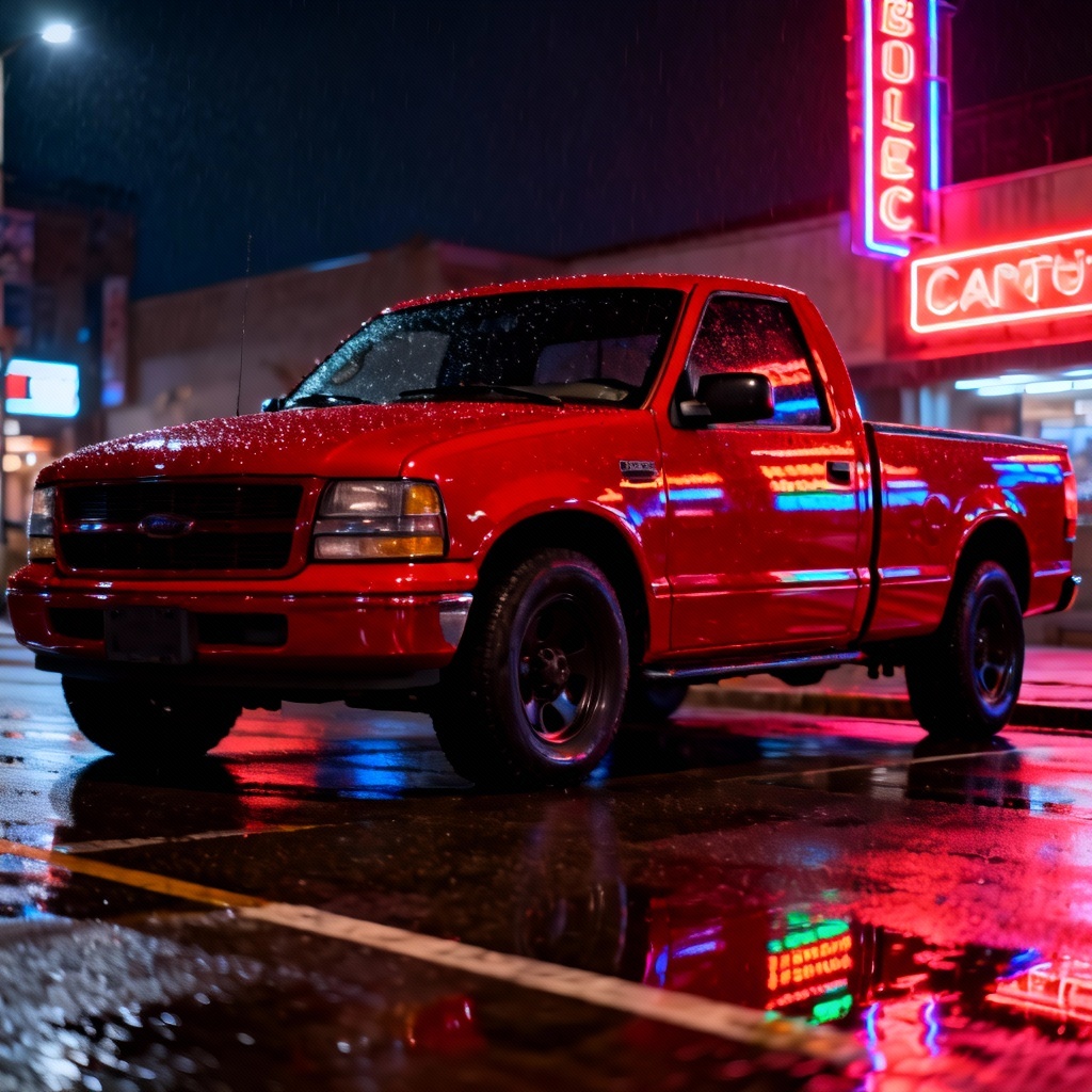 Candy red pickup truck with glossy night reflections after AI color change