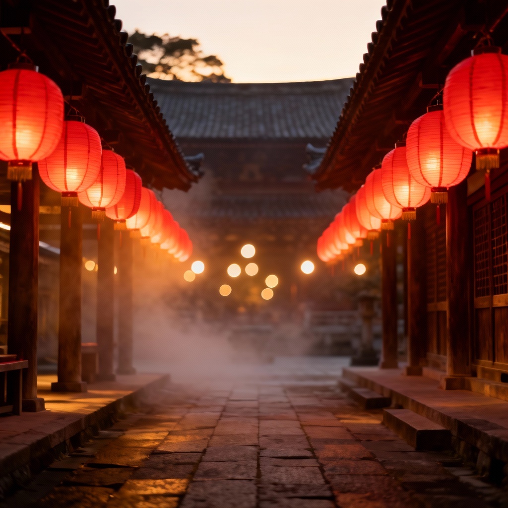 AI temple lantern worship scene at dusk