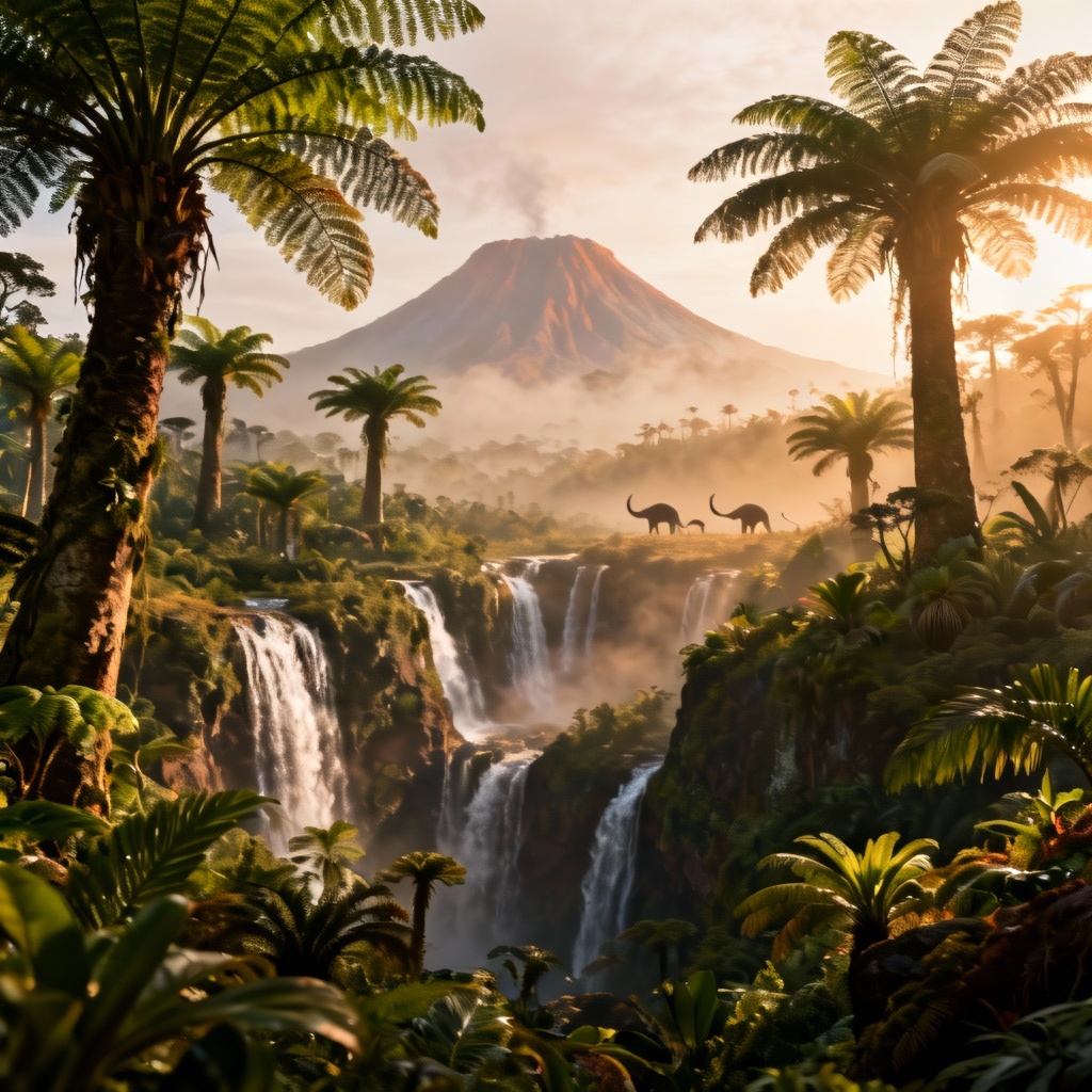 AI prehistoric jungle valley with giant ferns and waterfalls