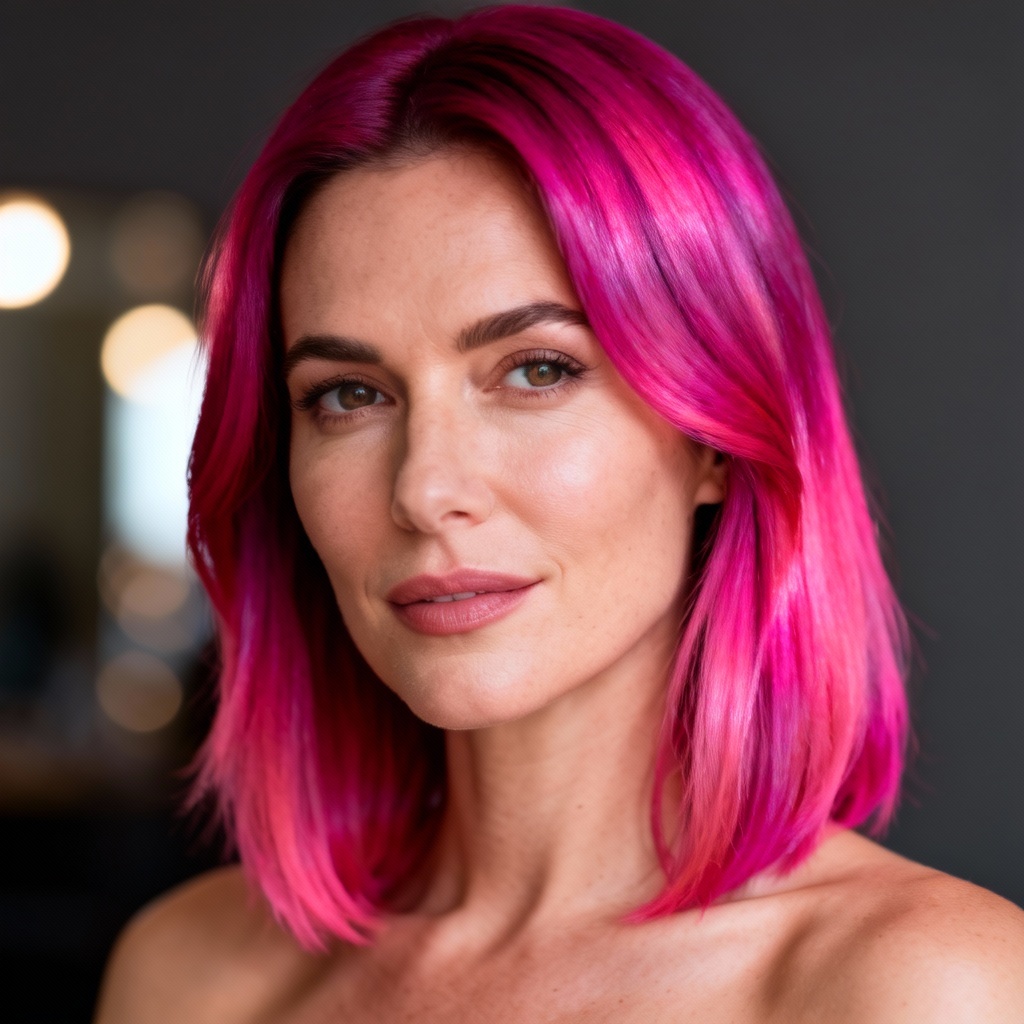 AI pink hair generator neon magenta portrait with glossy shine