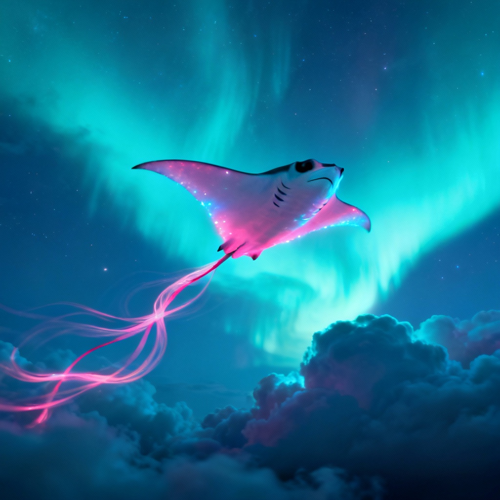 AI flying manta ray under aurora sky