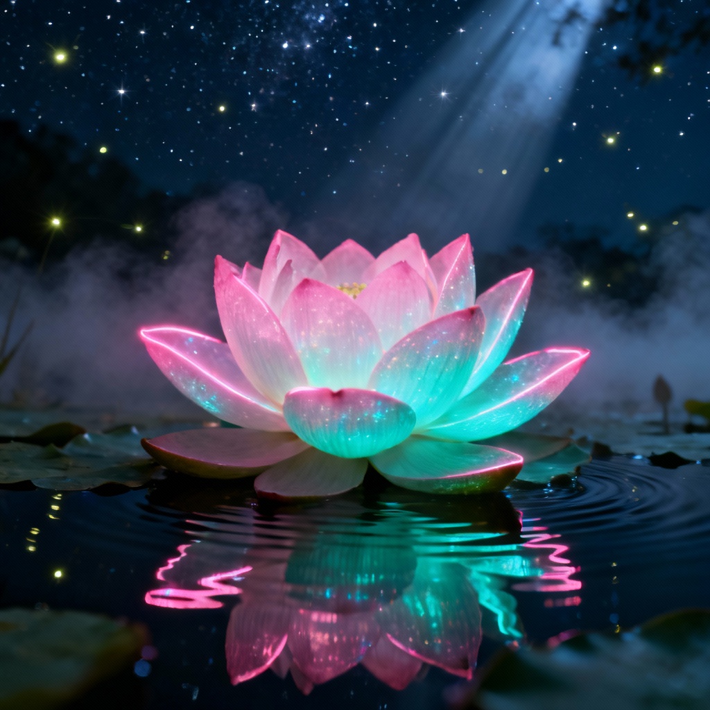AI glowing lotus over moonlit water with neon light