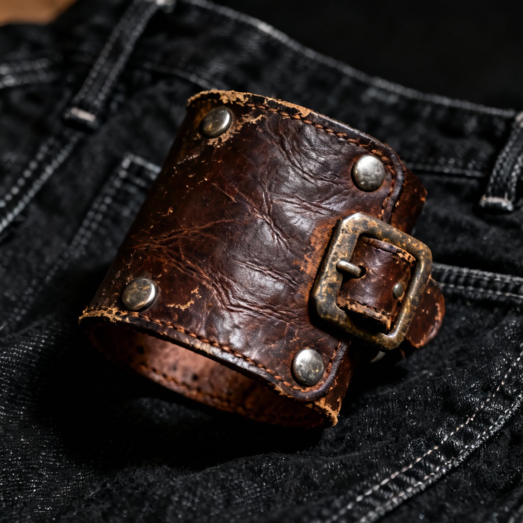 AI distressed dark brown leather biker wristband with rivets