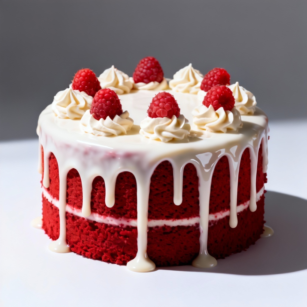 AI red velvet cake with white chocolate drip frosting