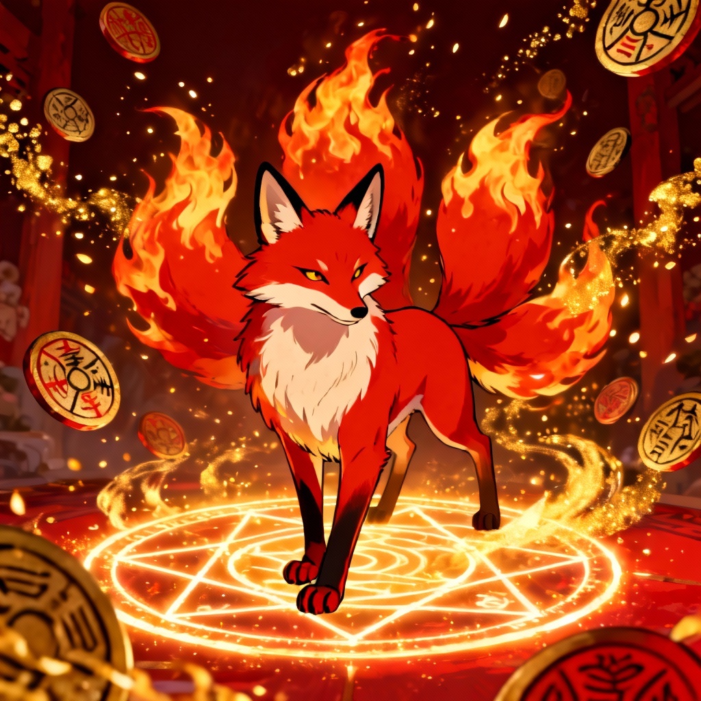 AI shikigami fox with flaming tails