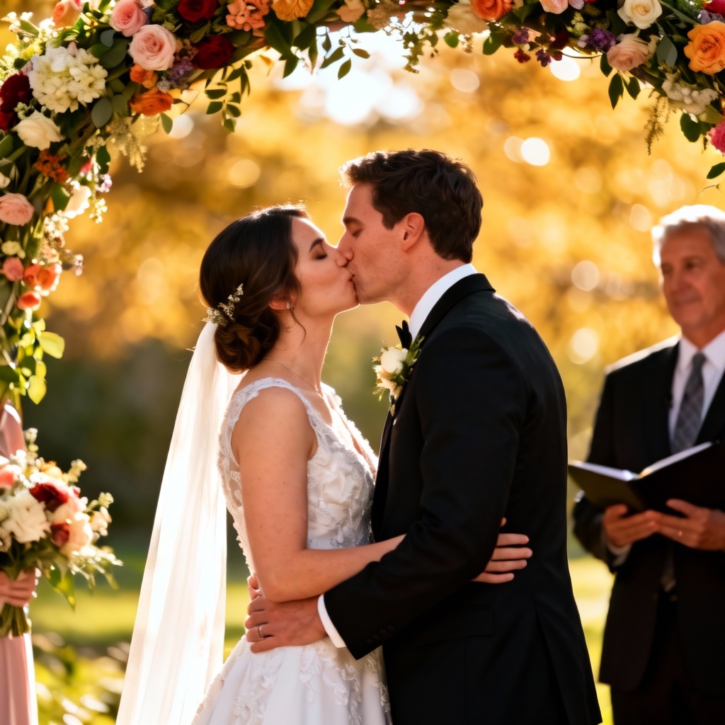 AI realistic wedding kiss at outdoor ceremony