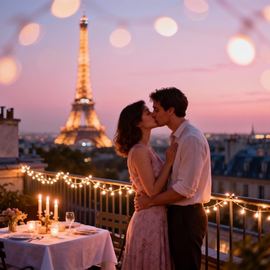 AI Paris rooftop candlelight kiss