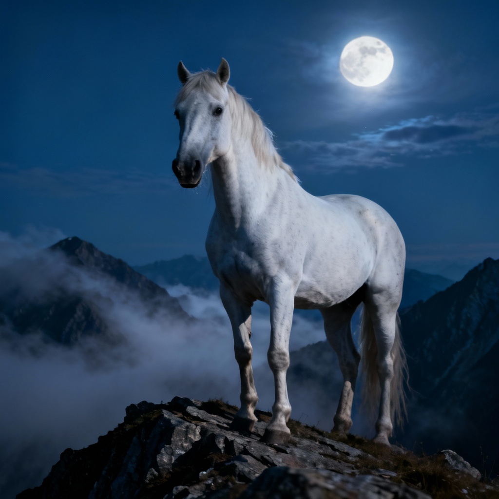 AI moonlit white horse on alpine ridge