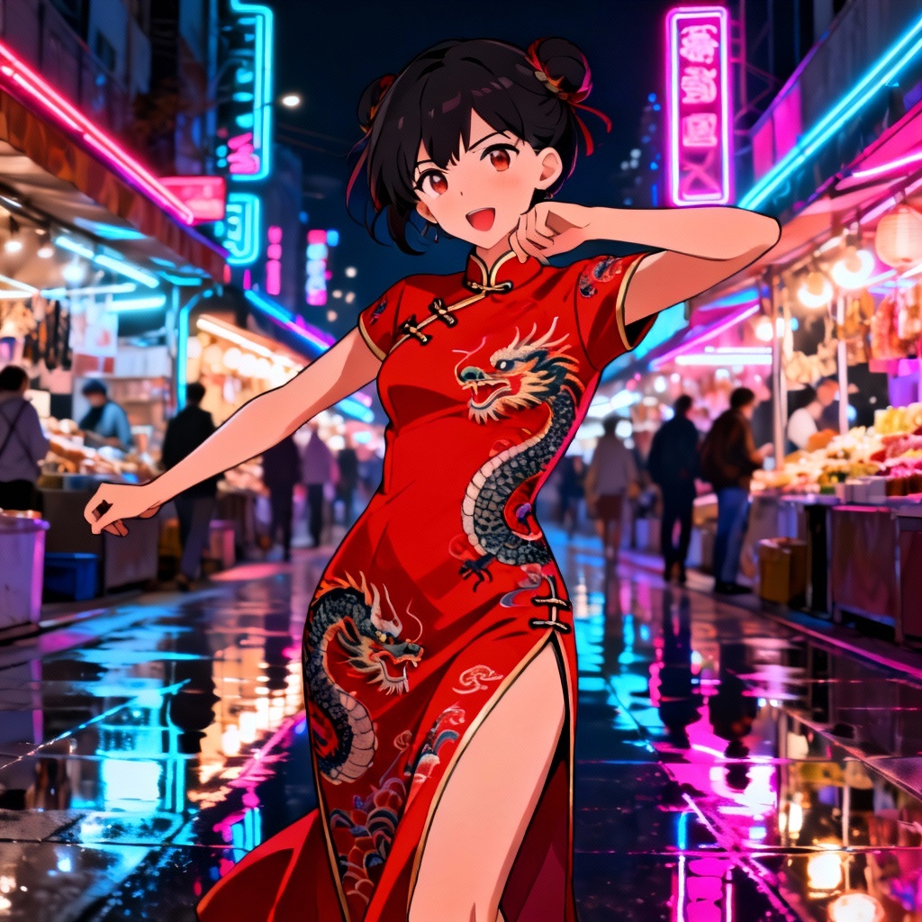 Anime cheongsam character under neon lights in a city alley