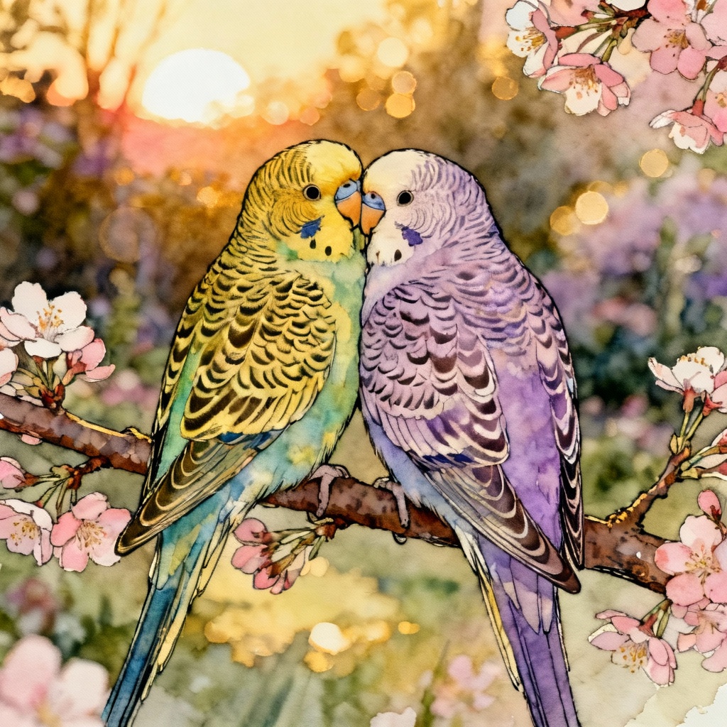 AI love birds couple on branch at sunset