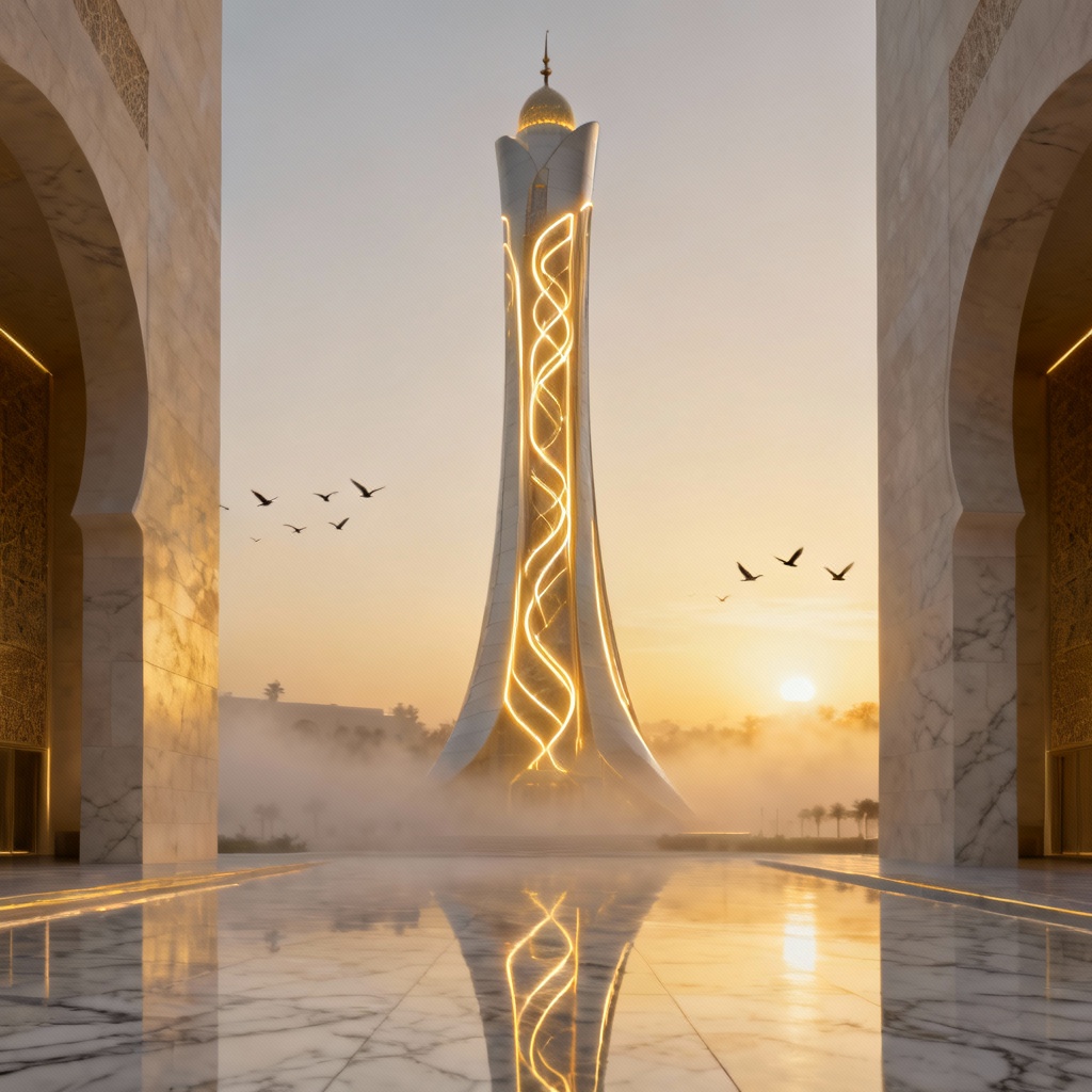 AI futuristic minaret with soft sunrise and neon accents