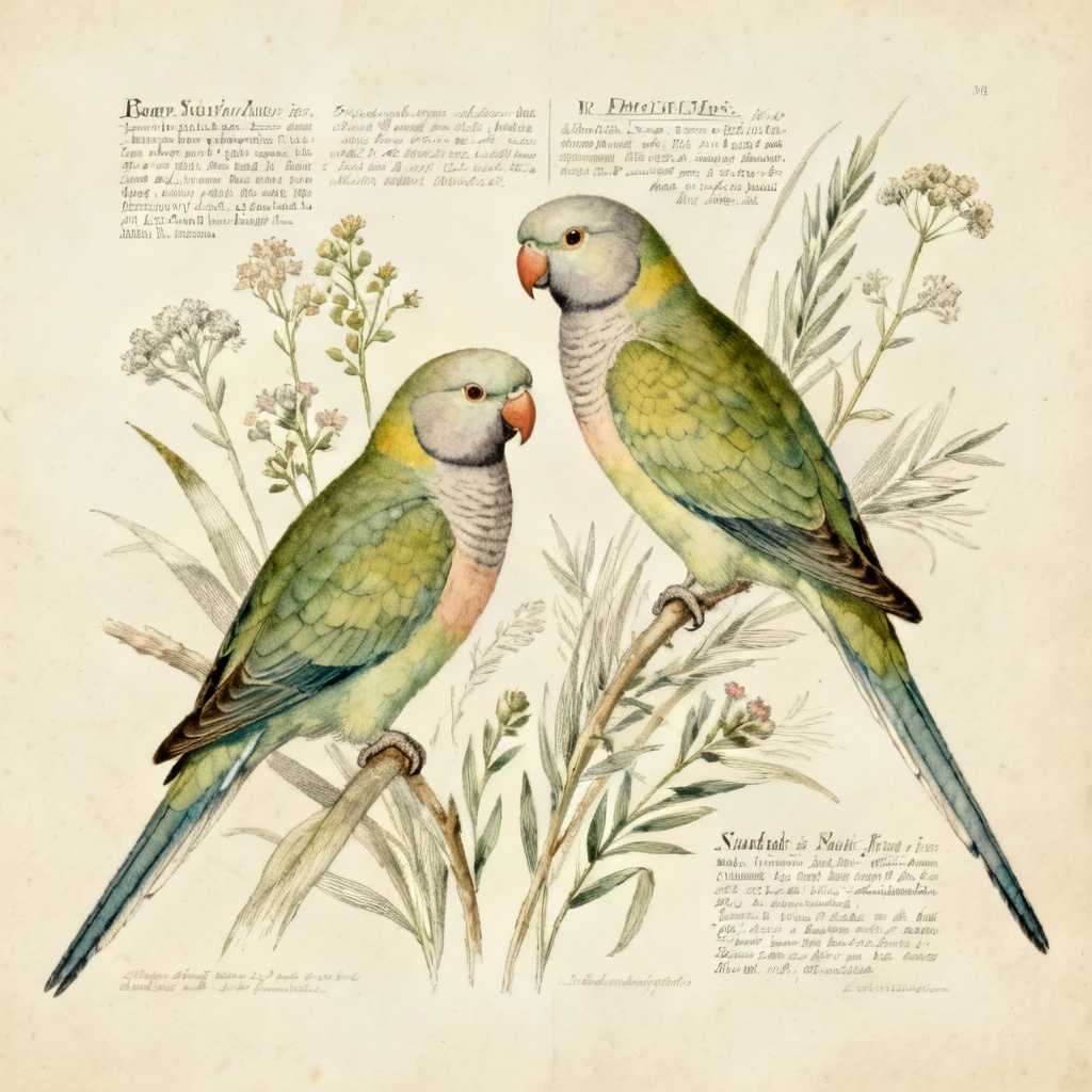 AI vintage field guide lovebirds illustration