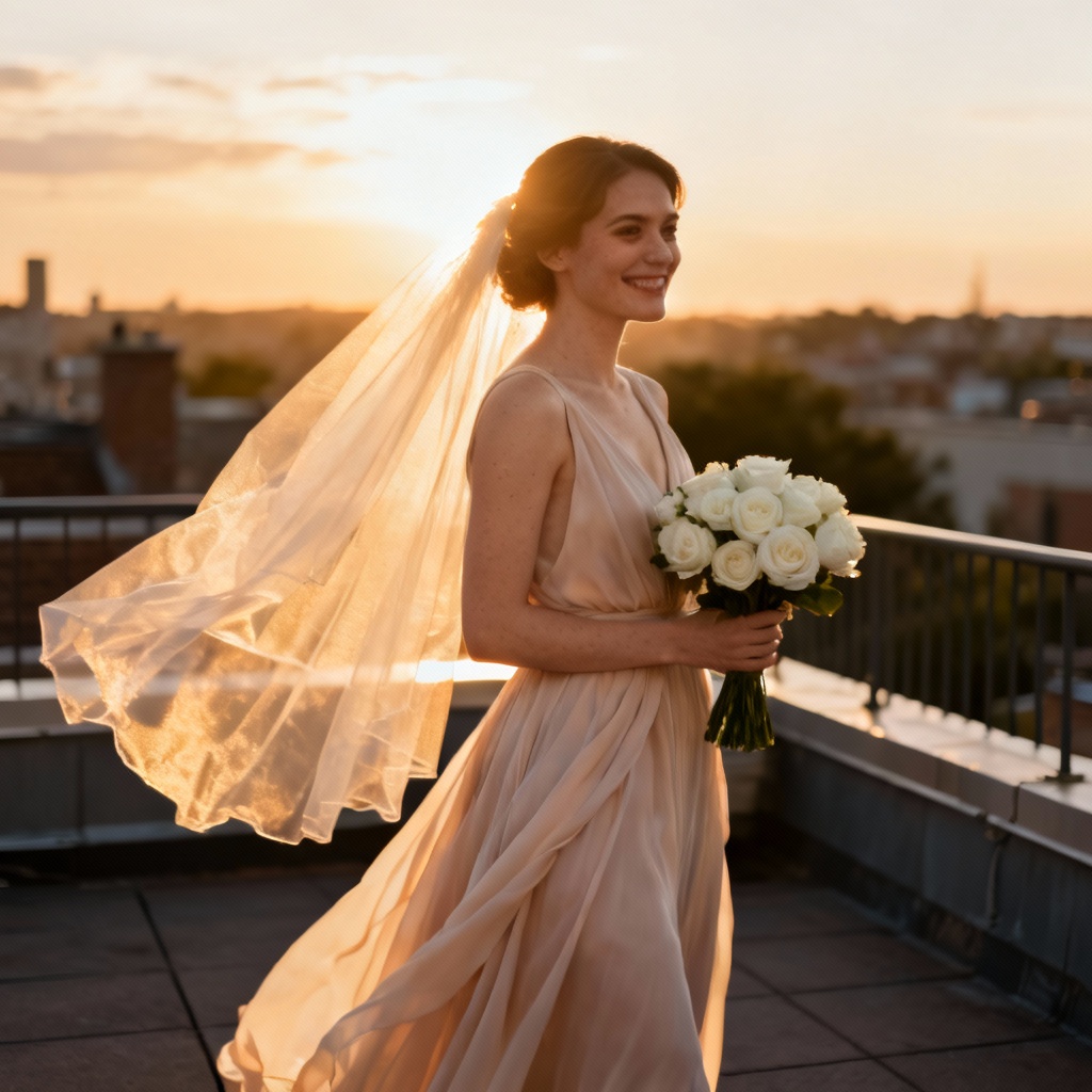 AI bridal photoshoot golden hour terrace portrait