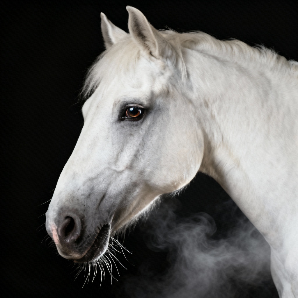 AI fine art studio white horse on black background