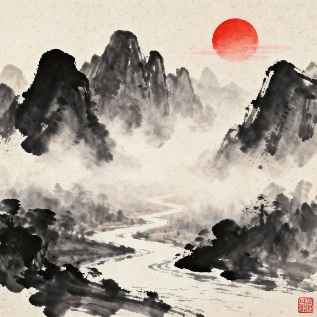 AI shan shui ink wash sunrise over misty mountains