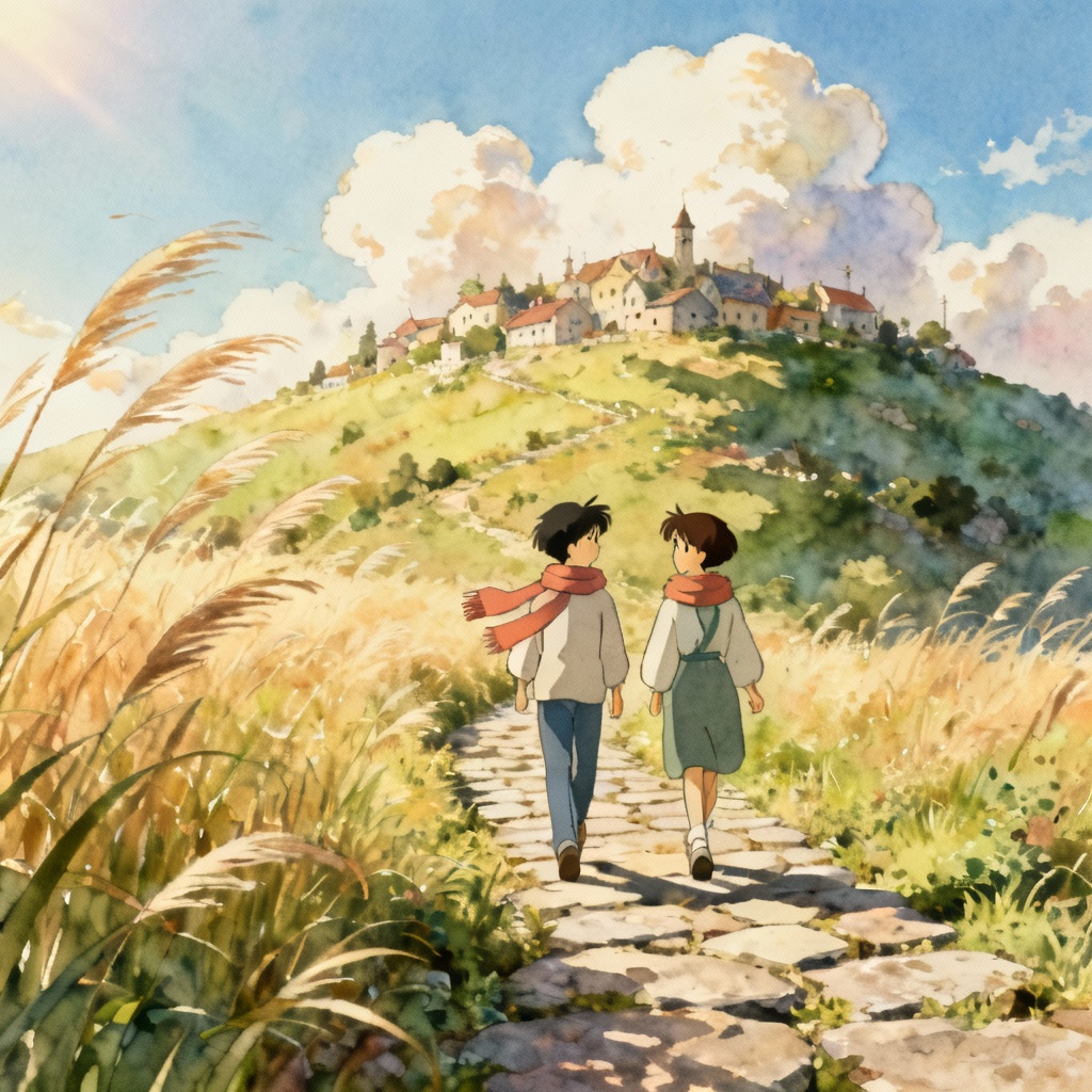 AI Ghibli-style hilltop village with wind and tall grass