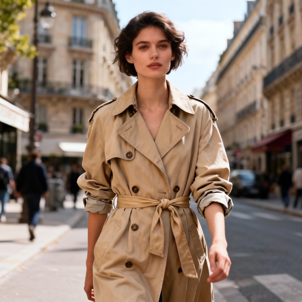 AI Parisian street style beige vintage trench coat