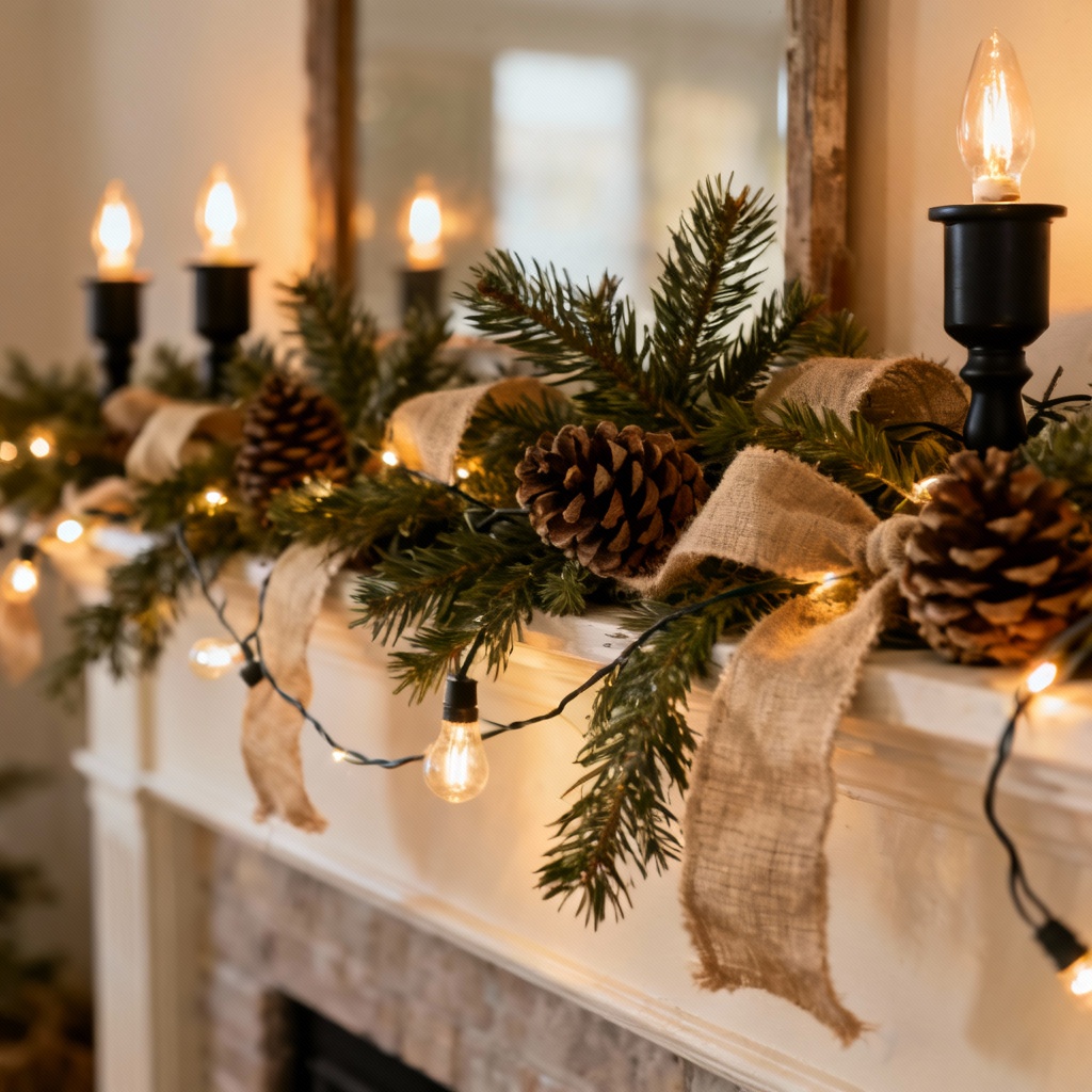 Rustic farmhouse mantel garland with pinecones, burlap ribbon, and warm lights