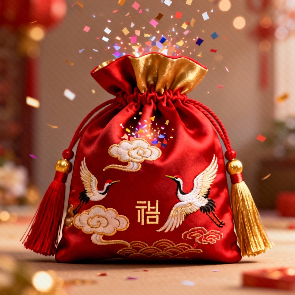 AI bokjumeoni lucky pouch with gold tassels and surprise confetti