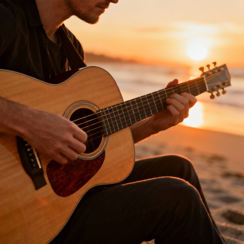 AI acoustic guitar at sunrise with fingerstyle player