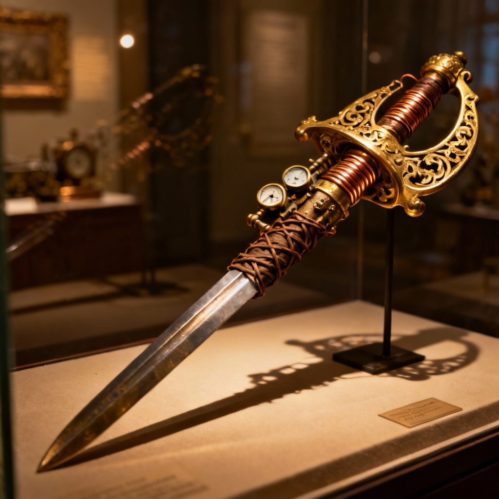 AI steampunk rapier with brass coils and pressure gauges