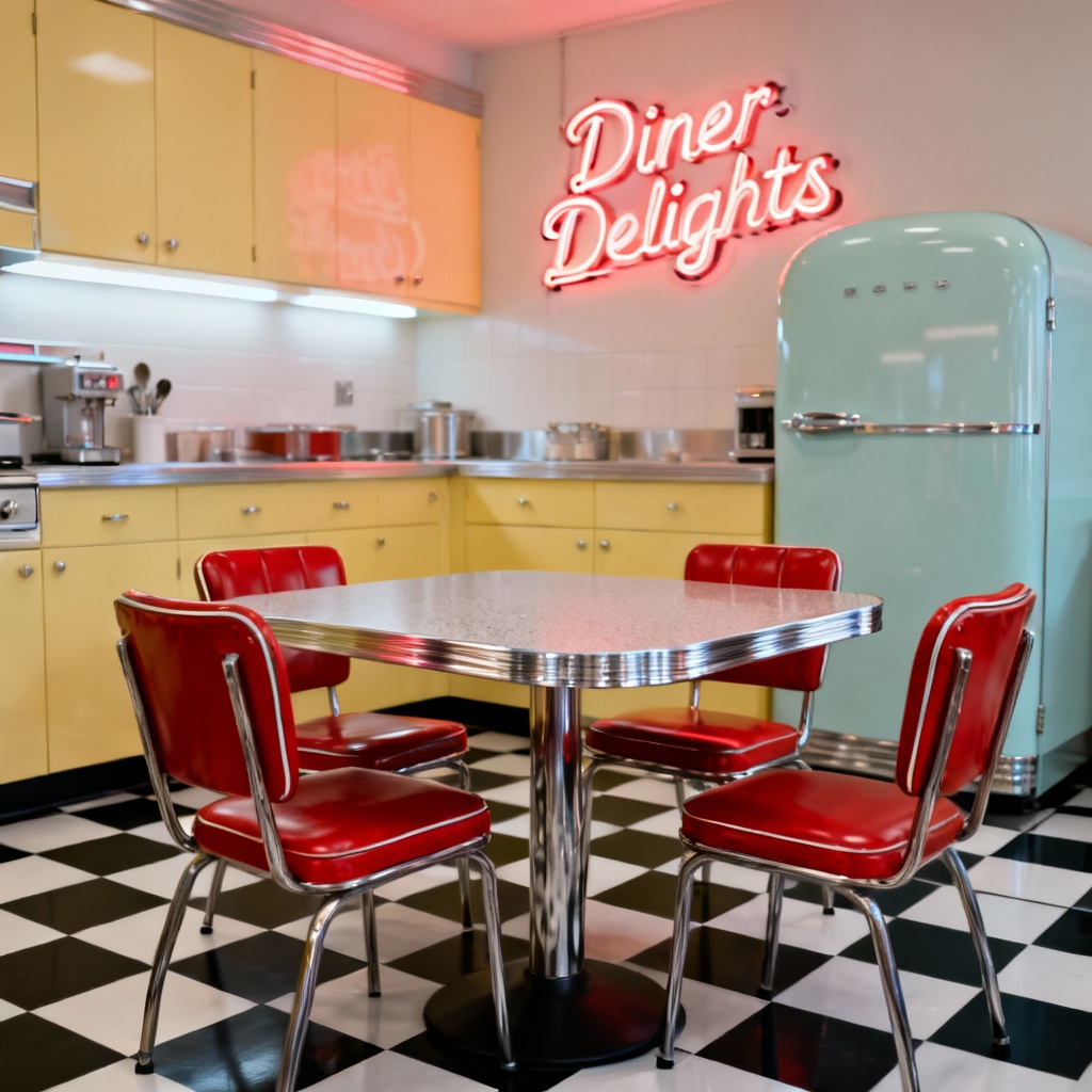 AI 1950s diner kitchen nook with chrome table and red chairs