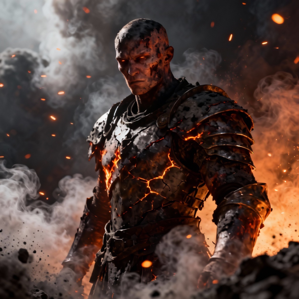 AI fire and ash character artwork with embers and smoke