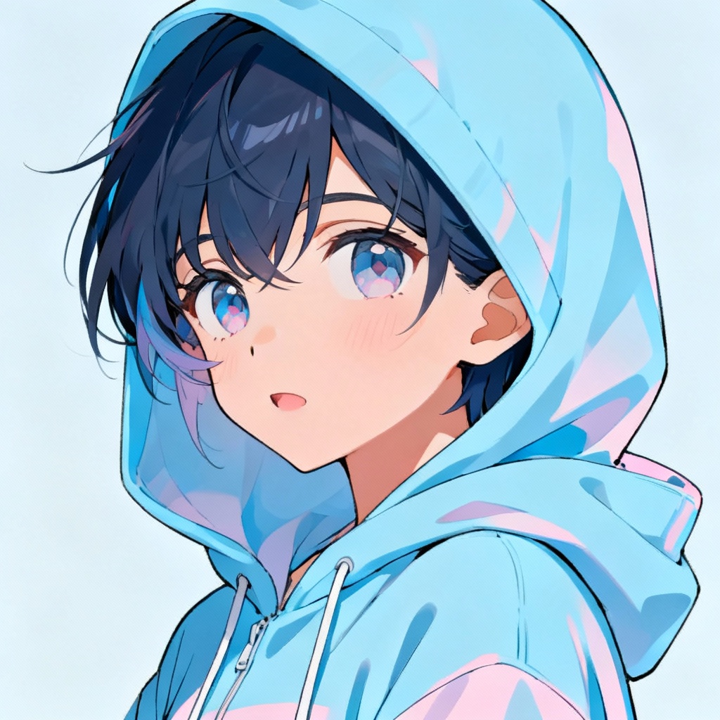 AI pastel blue hoodie anime illustration