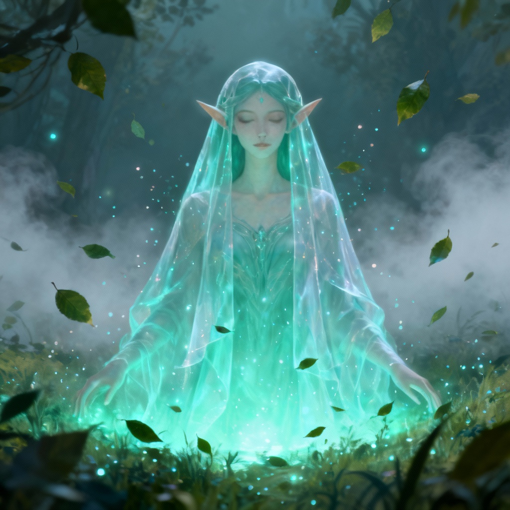 AI ethereal elven spirit guarding a glade