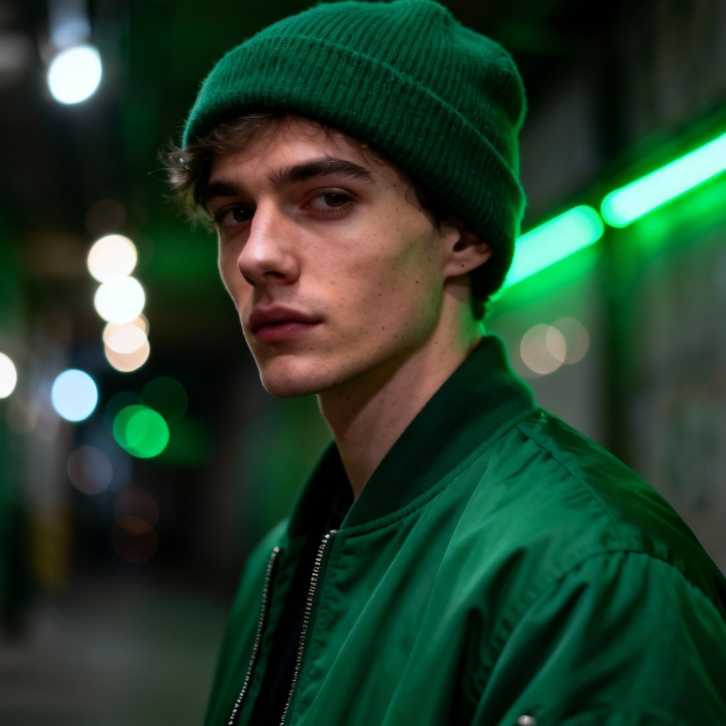 AI emerald streetwear portrait with neon accents