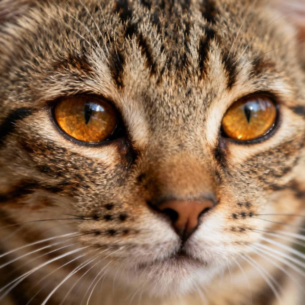 Ticked tabby close-up with glossy eyes and soft fur