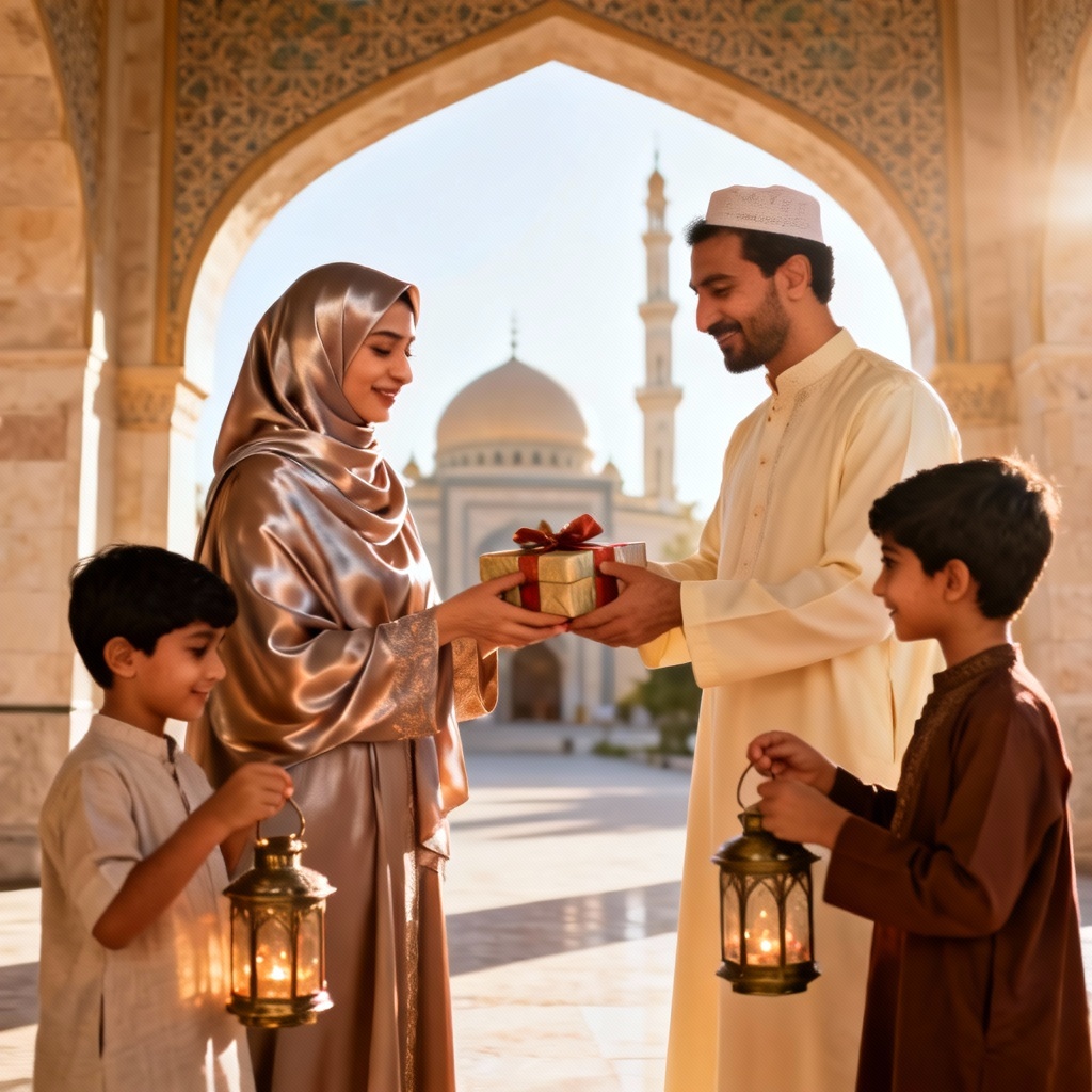 AI Eid morning Muslim family photo with lanterns and mosque