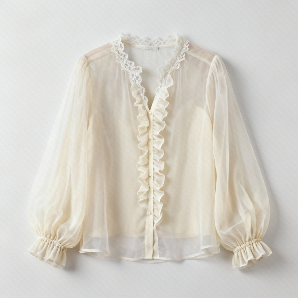 Chiffon ruffle-front cream blouse with sheer sleeves