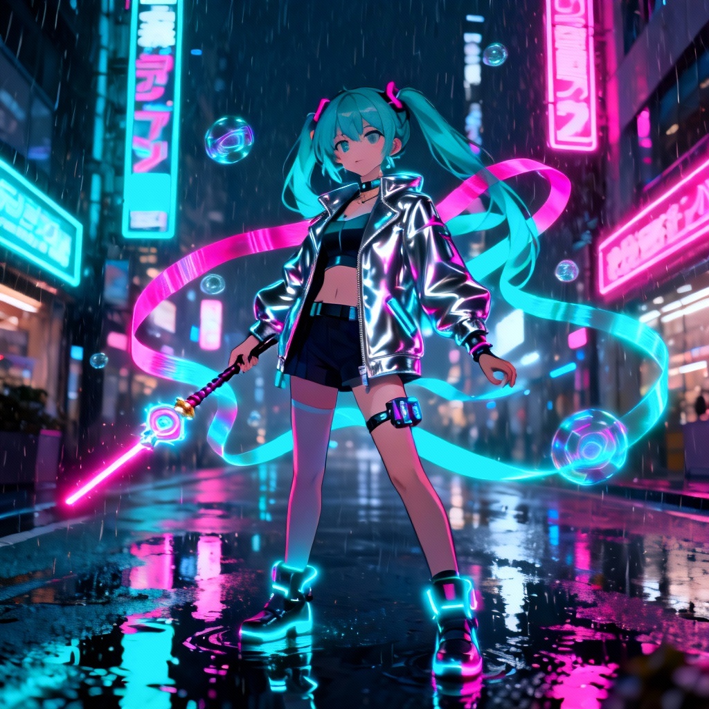 AI cyberpunk magical girl with neon effects in a cityscape