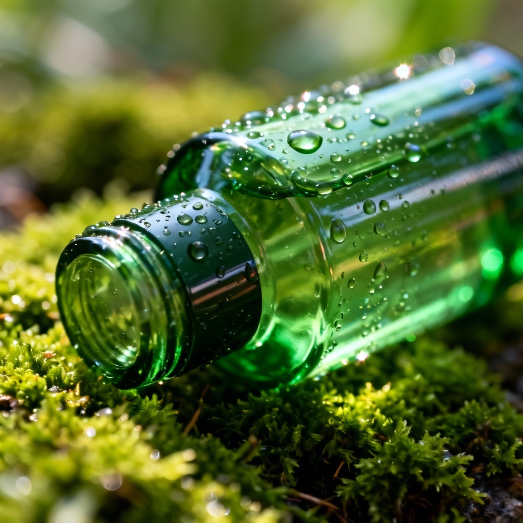 AI eco product flat lay with green glass bottle on moss