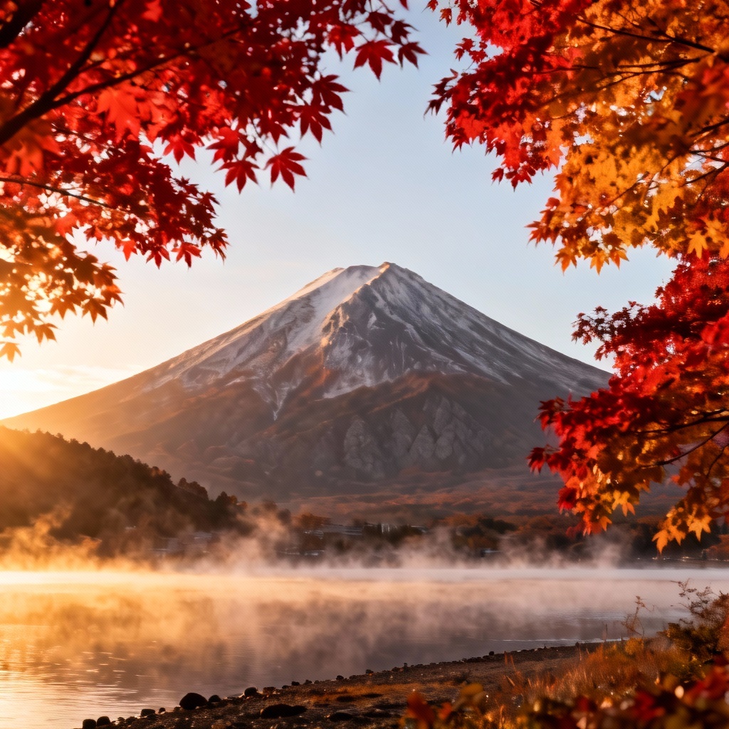 AI autumn Mount Fuji background with red maple leaves and morning mist