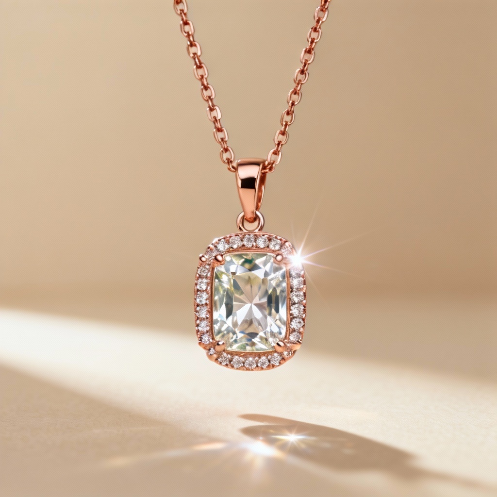 AI emerald cut diamond halo pendant on rose gold chain