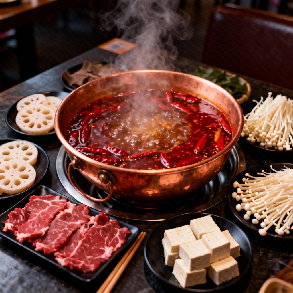 Photorealistic steaming Sichuan hotpot with chili oil and sliced beef