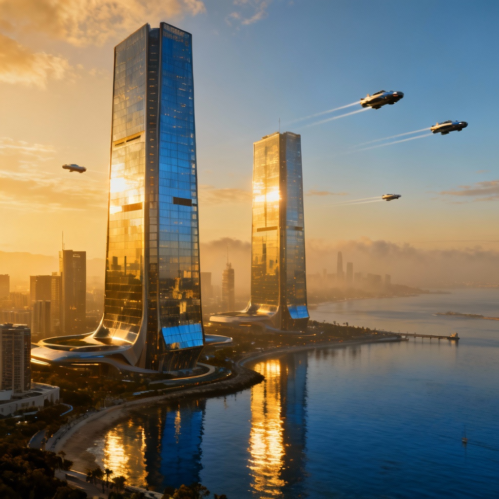 AI futuristic coastal city skyline at sunset