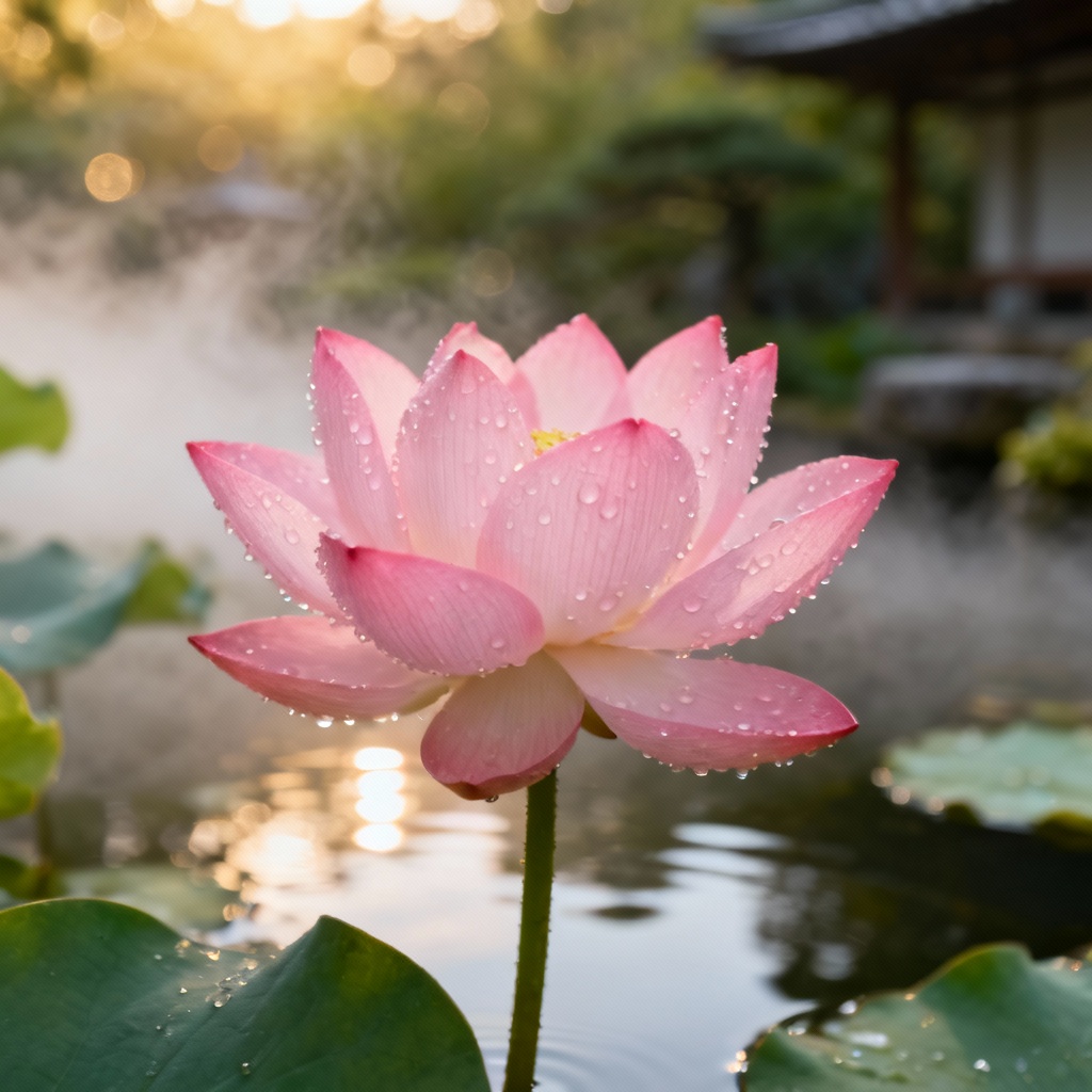 AI photorealistic sunrise pink lotus macro with dew and soft bokeh