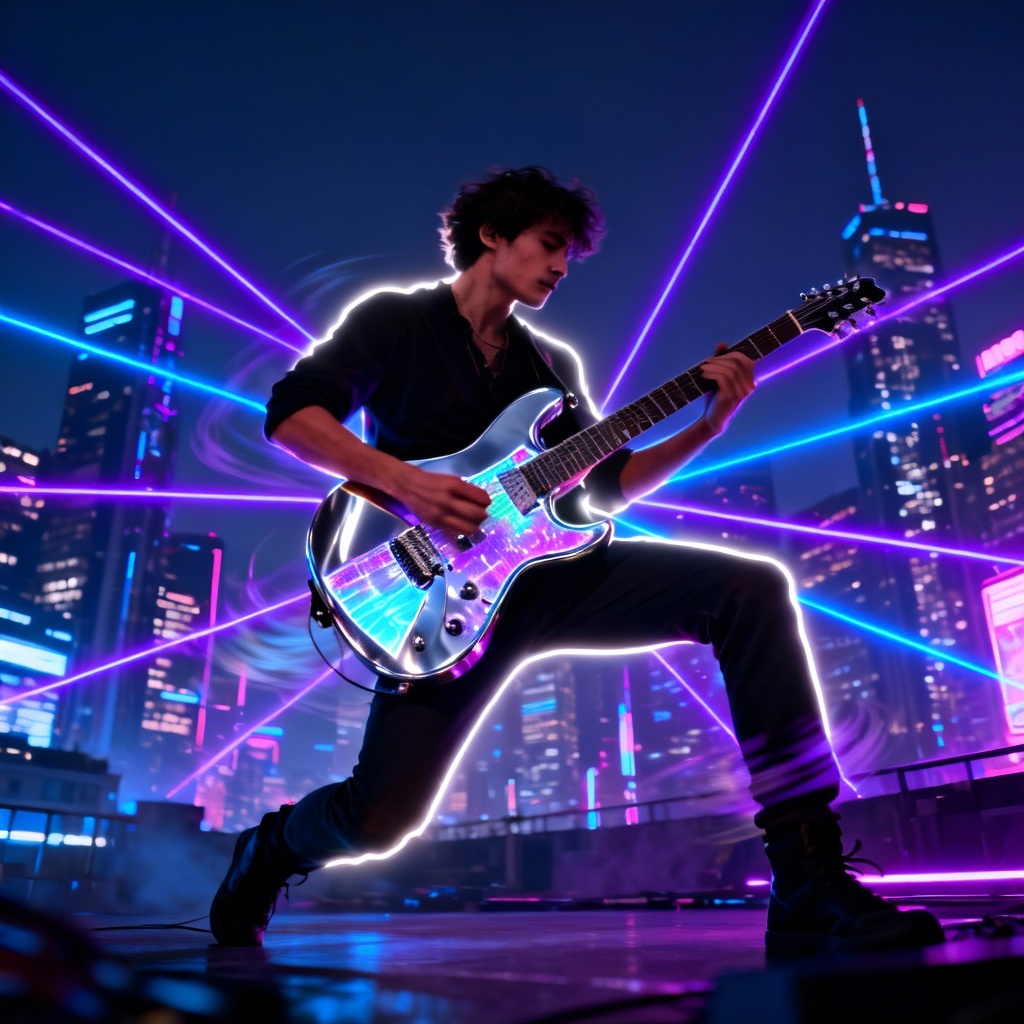 AI cyberpunk electric guitar soloist with glowing strings