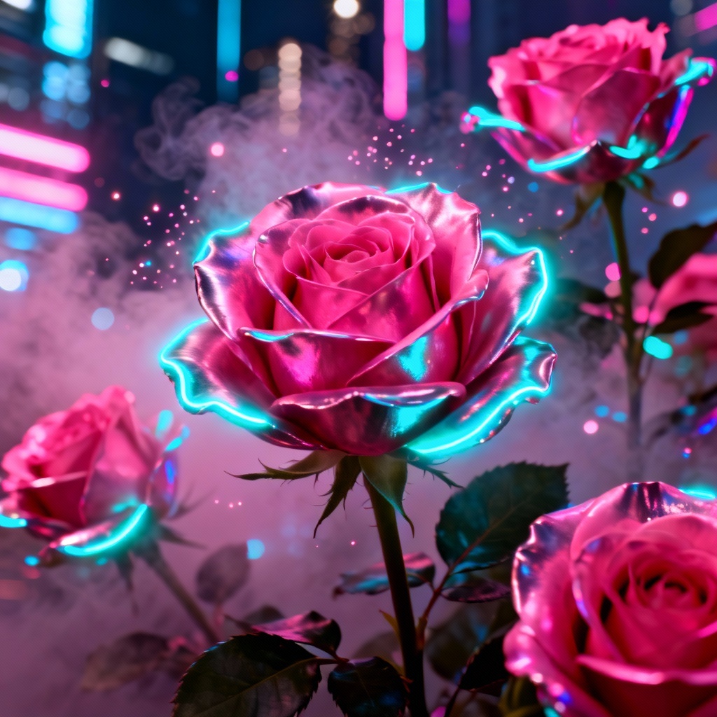 AI neon pink roses in cyberpunk style